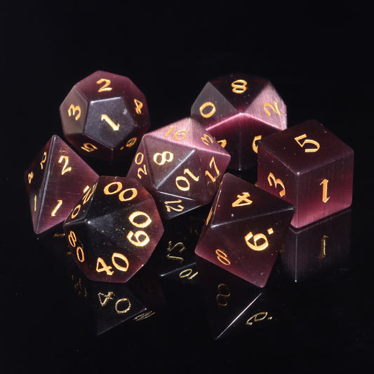 MAGISEVEN Purple Cat's Eye Stone 7 Piece DND RPG Dice Set