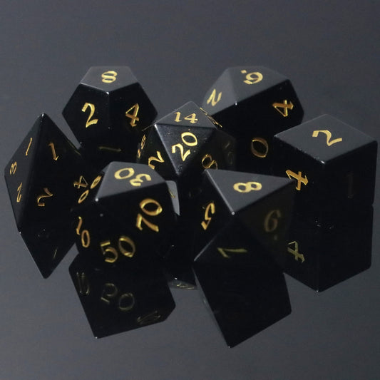 MAGISEVEN Black Obsidian Natural Gemstone Polyhedral DND DICE SET for Dungeons and Dragons, MTG, RPG