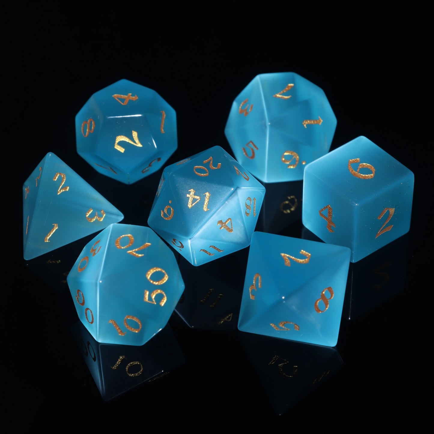 MAGISEVEN Light Blue Cats' Eye Stone DND Dice Set 7 PCS with black cardboard box