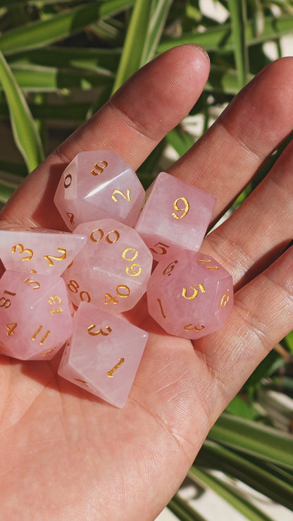 MAGISEVEN Natural Rose Quartz Gemstone D & D Dice Set for Dungeons and Dragons, RPG role playing games, MTG