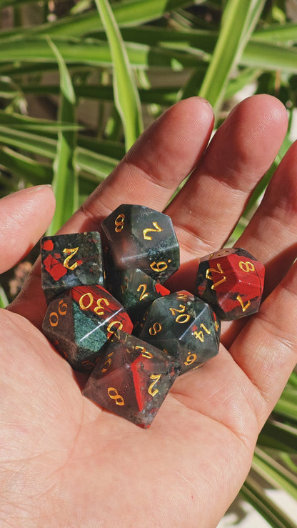 MAGISEVEN African Bloodstone Gemstone 7 Pcs Polyhedral DND Dice for Dungeons and Dragons, Role Playing Games, MTG
