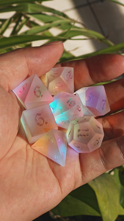 Frosted Prism Dichroic Glass Polyhedral DND Dice SET, Rainbow Glass Prism Engraved DND DICE for RGP Game, Dungeons and Dragons, MTG Game